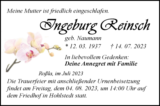 Traueranzeige von Ingeburg Reinsch von Trauerkombi Sangerhausen