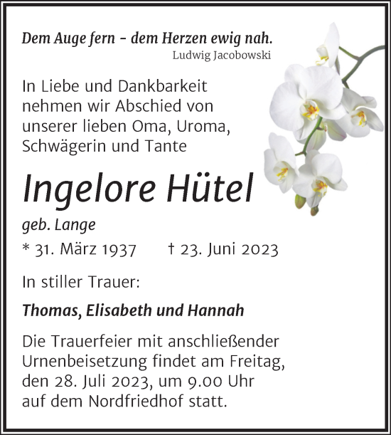 Traueranzeige von Ingelore Hütel von Mitteldeutsche Zeitung Halle/Saalkreis