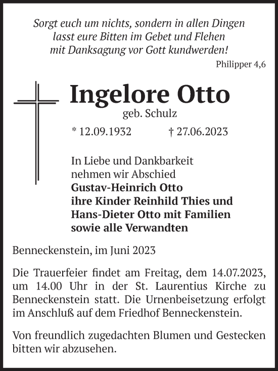 Traueranzeige von Ingelore Otto von Volksstimme Wernigerode