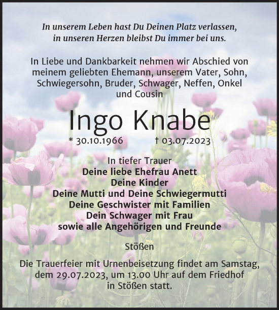 Traueranzeige von Ingo Knabe von Wochenspiegel Naumburg/Nebra
