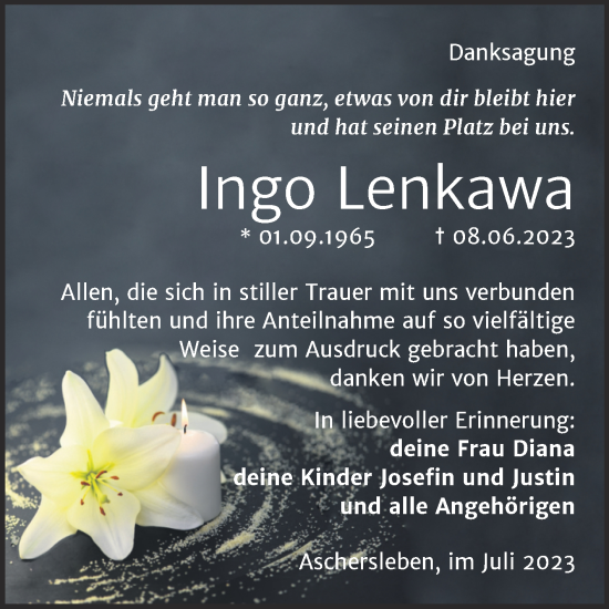 Traueranzeige von Ingo Lenkawa von Trauerkombi Aschersleben