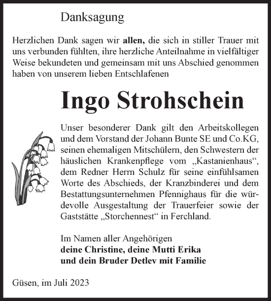 Traueranzeige von Ingo Strohschein von Volksstimme Burg/Genthin