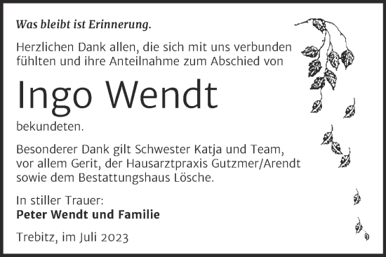 Traueranzeige von Ingo Wendt von Trauerkombi Wittenberg