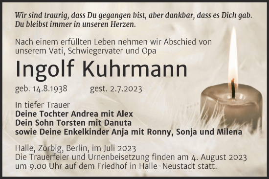 Traueranzeige von Ingolf Kuhrmann von Mitteldeutsche Zeitung Halle/Saalkreis