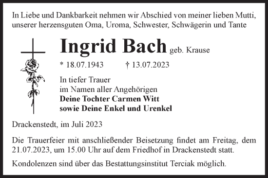 Traueranzeige von Ingrid Bach von Volksstimme Oschersleben/Wanzleben