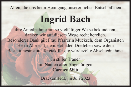 Traueranzeige von Ingrid Bach von Volksstimme Oschersleben/Wanzleben