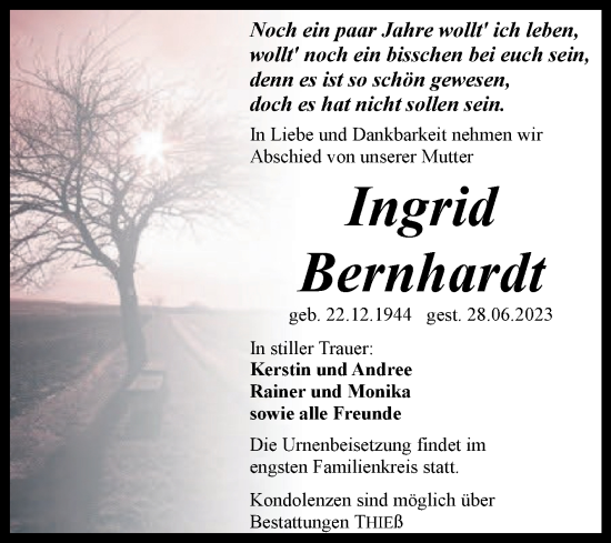 Traueranzeige von Ingrid Bernhardt von Trauerkombi Quedlinburg