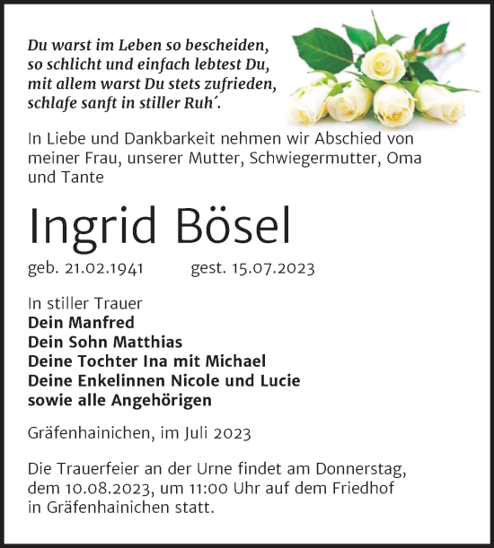 Traueranzeige von Ingrid Bösel von Trauerkombi Wittenberg