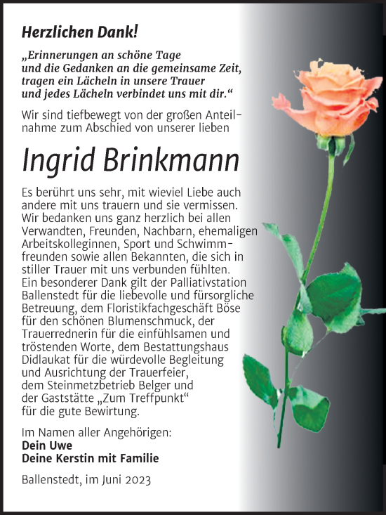Traueranzeige von Ingrid Brinkmann von Trauerkombi Quedlinburg