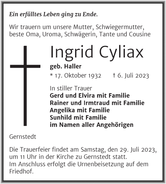 Traueranzeige von Ingrid Cyliax von Wochenspiegel Naumburg/Nebra