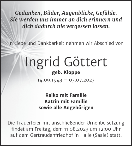 Traueranzeige von Ingrid Göttert von Mitteldeutsche Zeitung Halle/Saalkreis