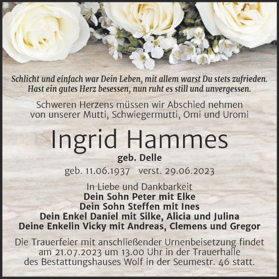 Traueranzeige von Ingrid Hammes von Trauerkombi Weißenfels