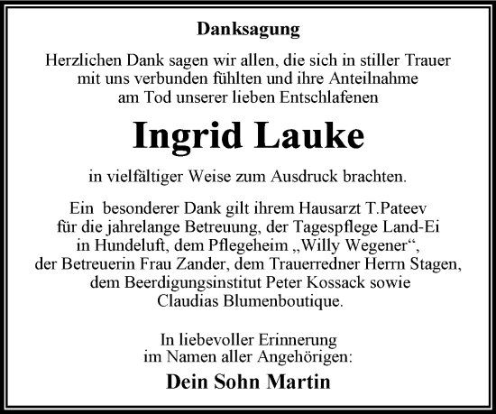 Traueranzeige von Ingrid Lauke von Trauerkombi Wittenberg