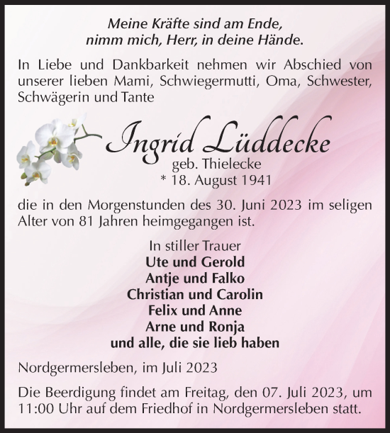 Traueranzeige von Ingrid Lüddecke von Volksstimme Haldensleben/Wolmirstedt