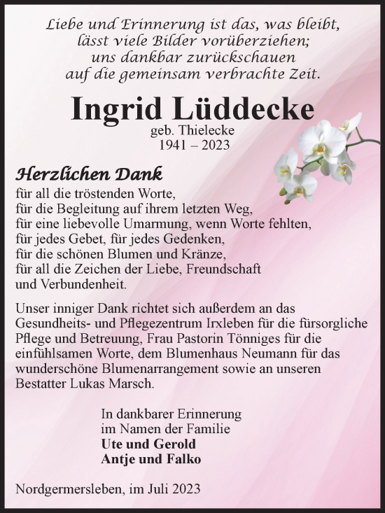 Traueranzeige von Ingrid Lüddecke von Volksstimme Haldensleben/Wolmirstedt