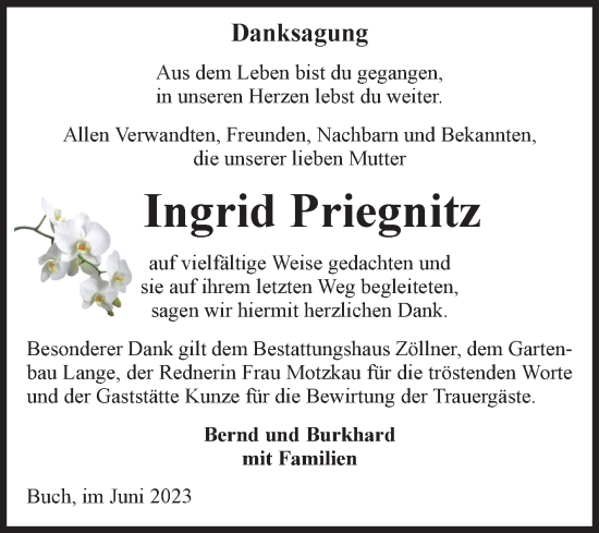 Traueranzeige von Ingrid Priegnitz von Volksstimme Altmark Ost