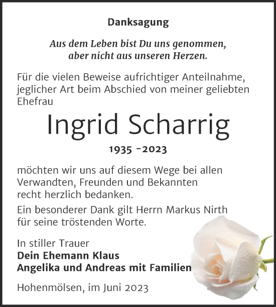 Traueranzeige von Ingrid Scharrig von Trauerkombi Weißenfels