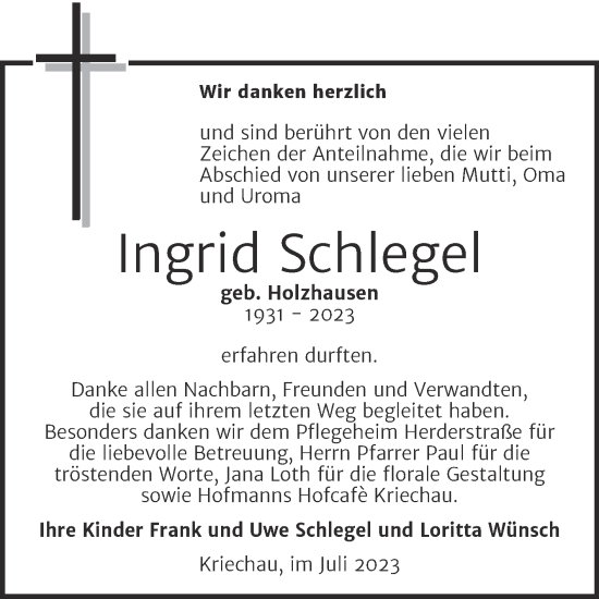 Traueranzeige von Ingrid Schlegel von Trauerkombi Weißenfels