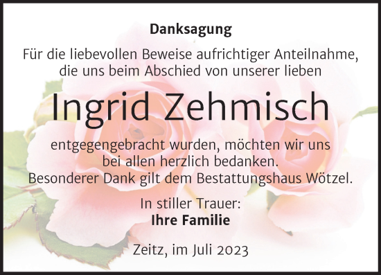Traueranzeige von Ingrid Zehmisch von Trauerkombi Zeitz