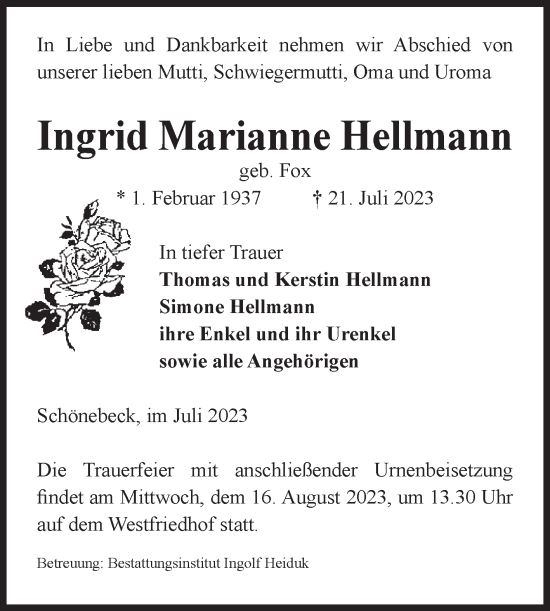 Traueranzeige von Ingrid Marianne Hellmann von Volksstimme Schönebeck