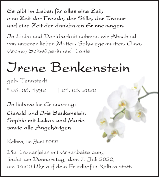 Traueranzeige von Irene Benkenstein von Mitteldeutsche Zeitung Sangerhausen