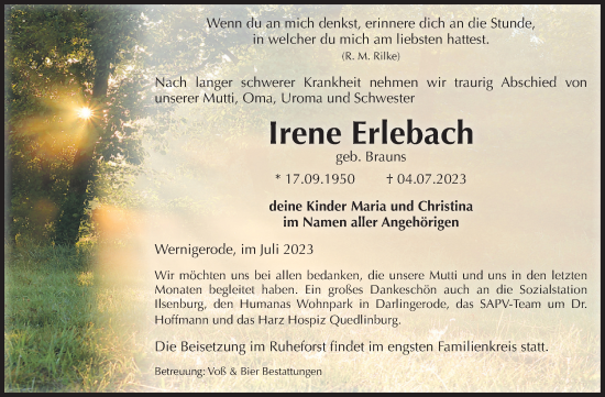 Traueranzeige von Irene Erlebach von Volksstimme Wernigerode