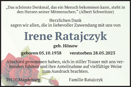 Traueranzeige von Irene Ratajczyk von Volksstimme Magdeburg