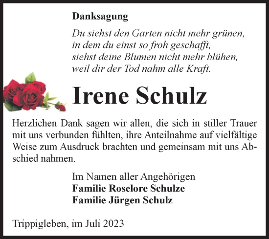 Traueranzeige von Irene Schulz von Volksstimme Altmark West