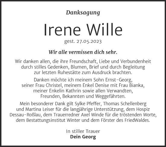 Traueranzeige von Irene Wille von Trauerkombi Bitterfeld