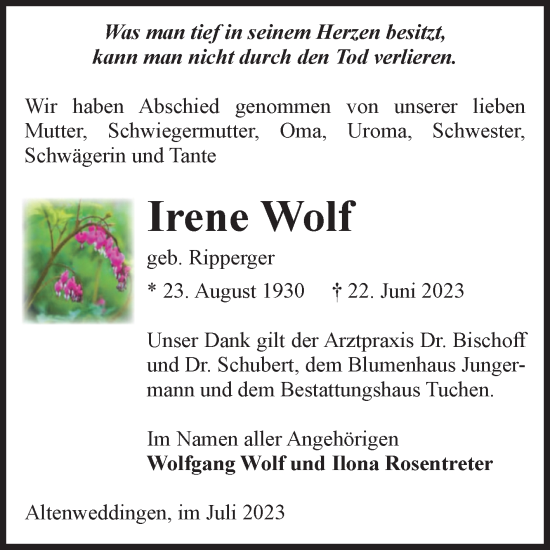 Traueranzeige von Irene Wolf von Volksstimme Oschersleben/Wanzleben
