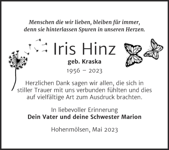Traueranzeige von Iris Hinz von Trauerkombi Weißenfels