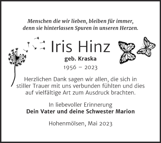 Traueranzeige von Iris Hinz von Trauerkombi Weißenfels