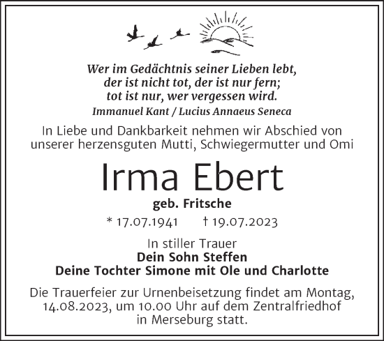 Traueranzeige von Irma Ebert von Trauerkombi Merseburg