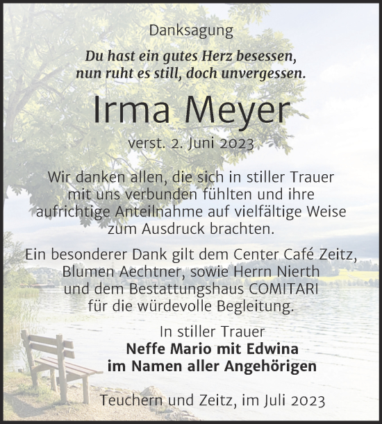 Traueranzeige von Irma Meyer von Trauerkombi Zeitz