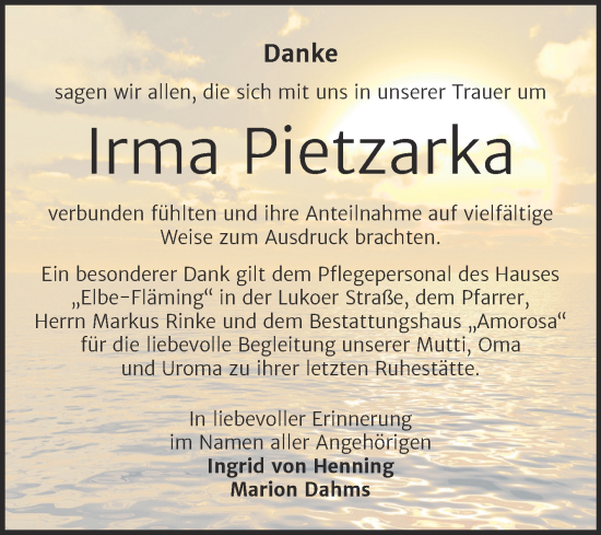 Traueranzeige von Irma Pietzarka von Trauerkombi Dessau