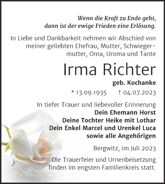 Traueranzeige von Irma Richter von Trauerkombi Wittenberg