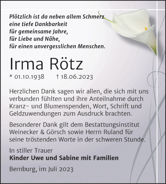 Traueranzeige von Irma Rötz von Trauerkombi Bernburg
