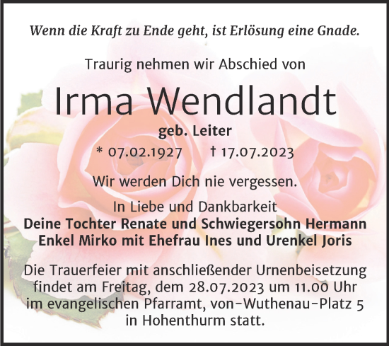 Traueranzeige von Irma Wendlandt von Mitteldeutsche Zeitung