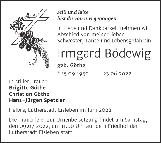 Traueranzeige von Irmgard Bödewig von Trauerkombi Mansfelder Land