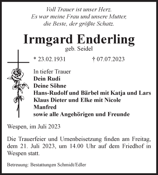 Traueranzeige von Irmgard Enderling von Volksstimme Schönebeck