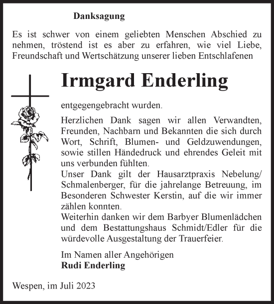 Traueranzeige von Irmgard Enderling von Volksstimme Schönebeck