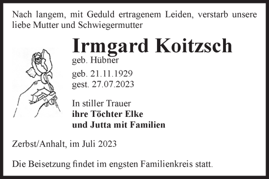 Traueranzeige von Irmgard Koitzsch von Volksstimme Zerbst