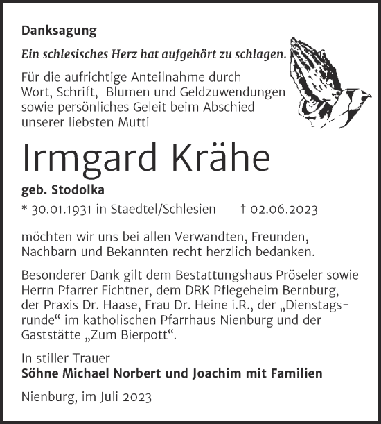 Traueranzeige von Irmgard Krähe von Trauerkombi Bernburg