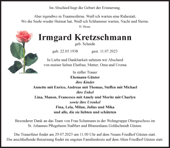 Traueranzeige von Irmgard Kretzschmann von Volksstimme Staßfurt