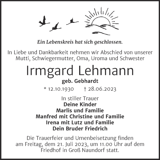 Traueranzeige von Irmgard Lehmann von Trauerkombi Wittenberg
