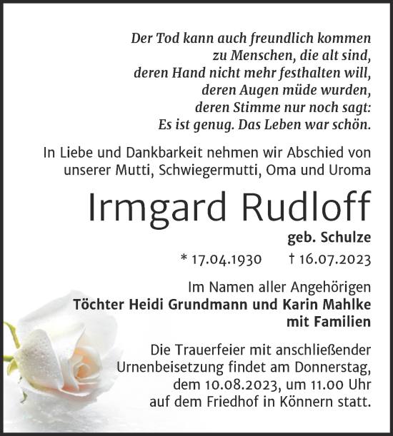 Traueranzeige von Irmgard Rudloff von Trauerkombi Bernburg