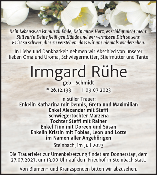 Traueranzeige von Irmgard Rühe von Wochenspiegel Naumburg/Nebra