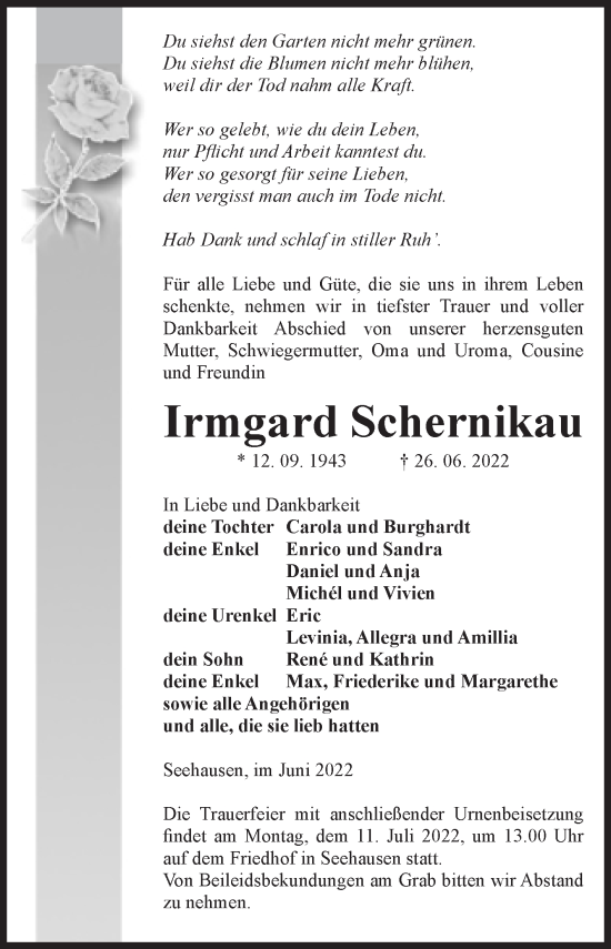 Traueranzeige von Irmgard Schernikau 