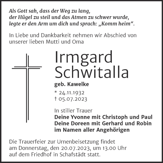 Traueranzeige von Irmgard Schwitalla von Trauerkombi Merseburg