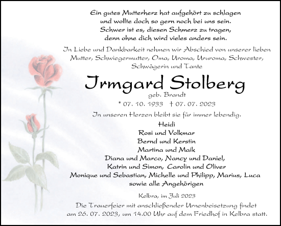 Traueranzeige von Irmgard Stolberg von Trauerkombi Sangerhausen